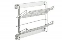 Выдвижная полка для обуви, двухуровневая левая, с направляющими полного выдвижения с доводчиком, отделка алюминий + серая