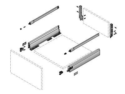 Hettich: 9150703: комплект короба ArciTech с релингом 94/186 мм/500 мм, серебристый