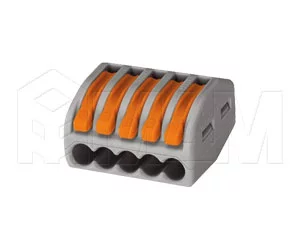 222 Клемма на пять подключений с рычажком, для проводов 0.08-4.0 кв.мм, ток 32А: WA-222-415