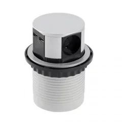 GTV: Удлинитель круглый врезной 3 розетки COMFORT (Schucko) 2xUSB 2,4A, провод 1,5м, алюминий: AE-BPW3S100U-53