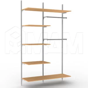 KALI, 2 секции, 3 прямых стойки, узкий профиль, для 5-ти деревянных полок, для 2-х овальных штанг, серебро: KL43SET2GR