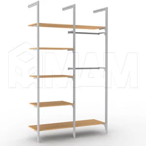 KALI, 2 секции, 3 L-образной стойки, для 5-ти деревянных полок, для 2-х овальных штанг, серебро: KL23SET2GR