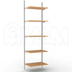 KALI, 1 секция, 2 прямые стойки, узкий профиль, для 5-ти деревянных полок, серебро: KL43SET1GR