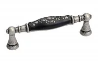 Ручка-скоба 96мм, отделка серебро старое + керамика черная