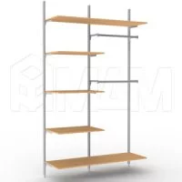 KALI, 2 секции, 3 прямых стойки, узкий профиль, для 5-ти деревянных полок, для 2-х овальных штанг, серебро: KL43SET2GR