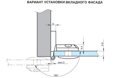 Петля вкладная для стекла, угол открывания 180°, отделка латунь