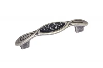 Ручка-скоба 96мм, отделка серебро античное + вставка