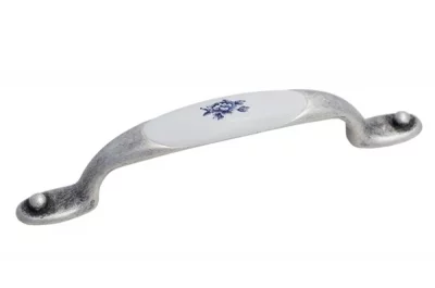 Ручка-скоба 96-128мм, отделка серебро старое + вставка