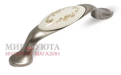 Ручка-скоба 96мм серебро состаренное/керамика золотые узоры: UP193GA/MLK