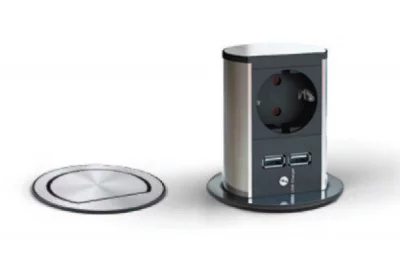 Встраиваемый блок ELEVATOR (1 розетка Schuko 250 В, 2 USB (5,2 В/2150 мA), отделка сталь нержавеющая/чёрная