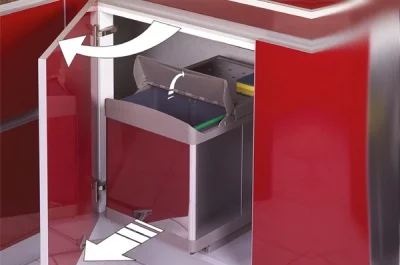 Ведро для мусора (2х16л) выдвижное, пластик кварц серый + сталь нержавеющая