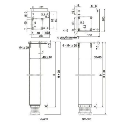 GTV: Опора для стола квадратная 1100х60х60мм регулируемая, алюминий: NM-60R1100-05