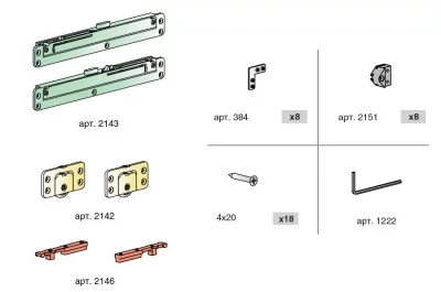 Комплект фурнитуры для 1 фасада до 20 кг (алюминиевый/вкладной) с доводчиками