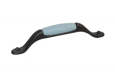 Ручка-скоба 128мм, отделка железо чернёное с лазуритом + керамика голубая