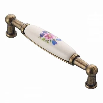 GTV: Мебельная фарфоровая ручка старое золото/розовый цветок UP-WP0728-BR