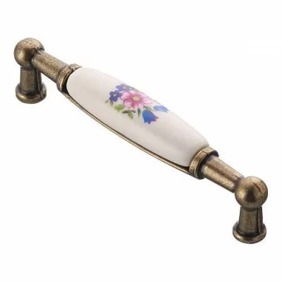 GTV: Мебельная фарфоровая ручка старое золото/розовый цветок UP-WP0728-BR