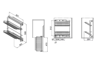 Выдвижная полка для обуви, двухуровневая правая, с направляющими полного выдвижения с доводчиком, отделка алюминий + серая