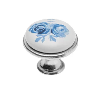 Мебельная фарфоровая ручка-кнопка старое серебро/синяя роза GTV GP-0728-J4-A-07