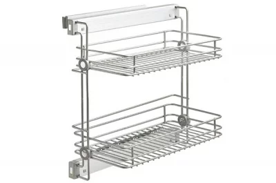 Выдвижная полка для белья, двухуровневая левая, с направляющими полного выдвижения с доводчиком, отделка алюминий + серая