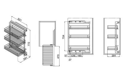Выдвижная полка для белья трёхуровневая левая, с направляющими полного выдвижения с доводчиком, отделка алюминий + серая