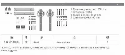 GTV: Раздвижная система LOFT (Ролики x2, направляющая x1, дорожка 2 м, дистанционная втулка x5, отбойники: A-SN-LOFT-200-20MN