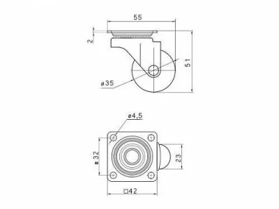 GTV: Колесо поворотное D-35мм черное без стопора Brazylia, нагрузка 30кг: KM-RD-35-SF-20