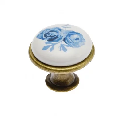 Мебельная фарфоровая ручка-кнопка , старое золото/синяя роза GTV GP-0728-J4-A-04