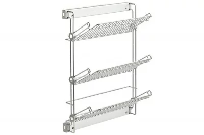 Выдвижная полка для обуви трёхуровневая левая, с направляющими полного выдвижения с доводчиком, отделка алюминий + серая