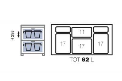 Система хранения выкатная, в базу 900, H298 (4 ведра + 2 контейнера), отделка пластик серый