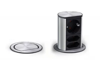 Встраиваемый блок ELEVATOR (1 розетка Schuko, 2 розетки Euro, 250 В), отделка сталь нержавеющая/чёрный