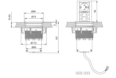 Встраиваемый блок ELEVATOR (1 розетка Schuko, 2 розетки Euro, 250 В), отделка сталь нержавеющая/чёрный