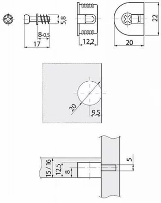 GTV: Эксцентриковая стяжка для полок 16мм + ДЮБЕЛЬ ВВИНЧИВ. 8мм полку можно установить только сверху, пластмасса, белая MM-FI20X6X7-PL10