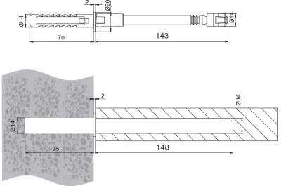 Менсолодержатель скрытый, L=145мм, d=14мм, с регулировкой
