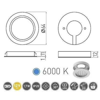 GTV: Светильник LED врезной с кольцом Vasco, 12V DC, 24 SMD3528, 200см провод с miniAMP (2 метиза, скоч 3M) алюминий, холодный белый LD-VA24ZB-53