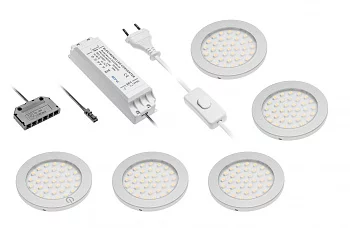 GTV: Комплект 5 свет. LED Castello, первый с выключателем, трансформатор 30W, 12V DC, теплый белый, дистрибьютор 6 выходов miniAMP LD-Z5CSCB-53