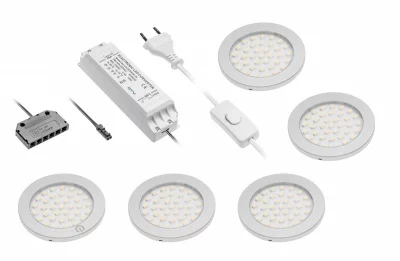 GTV: Комплект 5 свет. LED Castello, первый с выключателем, трансформатор 30W, 12V DC, теплый белый, дистрибьютор 6 выходов miniAMP LD-Z5CSCB-53