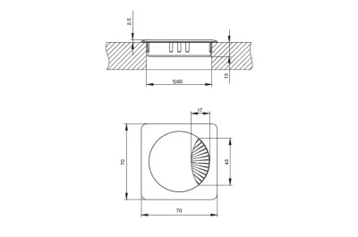 Заглушка кабель-канал, 70x70, d.60, отделка хром глянец