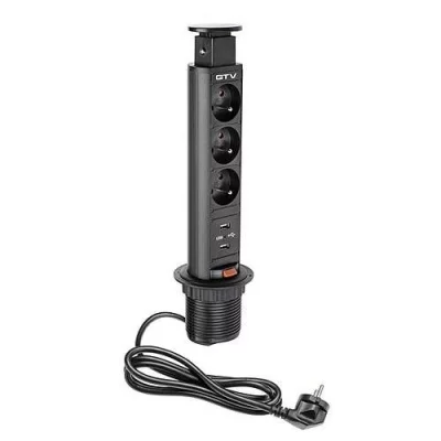 GTV: Удлинитель для офиса 60мм- Разъем расширения рабочего стола с заземлением х 3, 2xUSB 2,1A 5V, черный AE-BPW3U60U-20