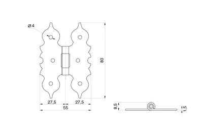 Петля декоративная накладная 55х80х2 , отделка бронза античная
