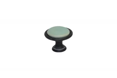 Ручка-кнопка, отделка железо чернёное c декапе + керамика зеленая (1 винт М4х22.5 + 1 винт М4х25)