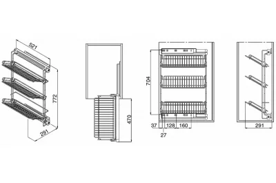 Выдвижная полка для обуви трёхуровневая левая, с направляющими полного выдвижения с доводчиком, отделка алюминий + серая