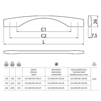 GTV: Ручка мебельная ANCONA C=256/288мм, хром UZ-ANCON-256-01