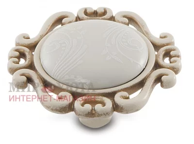 Ручка-кнопка cлоновая кость/золото винтаж, керамика белые узоры: WPO.41.01.G9.000.T5