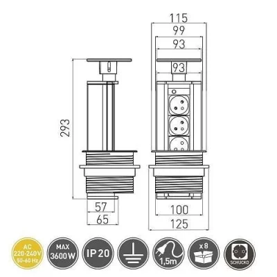 GTV: Удлинитель для офиса - Разъем расширения рабочего стола Schucko х3, 230V AC, 16A. 3600W, 1,8м провод, Алюминиум AE-BPW3GS-80