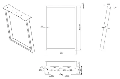 Опора для стола наклонная Фиджи, l.595, h.820, отделка черный бархат (матовый)