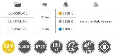 GTV: Клипса металическая осветительная к стеклянным полкам 8мм, DC 12V, 3 SMD LED, теплый белый LD-3SKL-ZBN