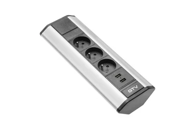 GTV: Розетка угловая GTV, 3x расширения рабочего стола розетка с заземлением, 2xUSB 2.1A 5V, Алюминиум AE-PBKT3U2U-80