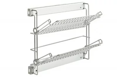 Выдвижная полка для обуви, двухуровневая левая, с направляющими полного выдвижения с доводчиком, отделка алюминий + серая