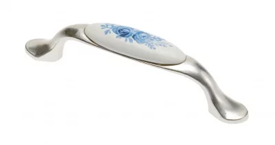 Мебельная фарфоровая ручка C=96мм, старое серебро/синяя роза GTV UP-WP0728-PA-07