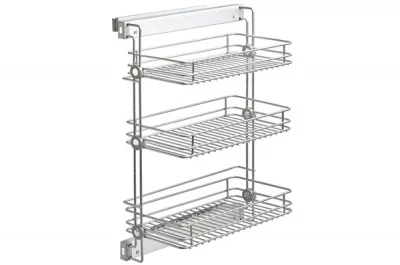 Выдвижная полка для белья трёхуровневая левая, с направляющими полного выдвижения с доводчиком, отделка алюминий + серая
